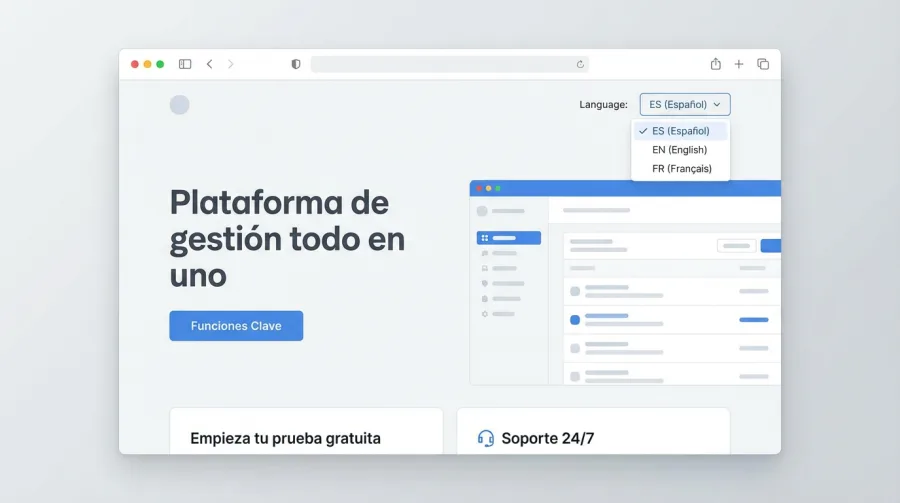 Website translation interface showing language selector and multilingual content
